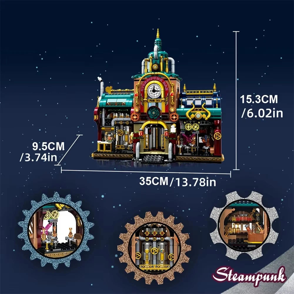1557pcs Creative Street View Steam Punk Architectures Building Bricks Steampunk Bar Mini Block Model Toys Collection For Gifts