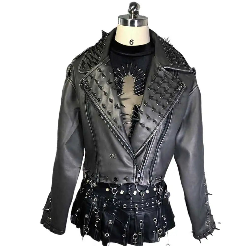 Women's Y2K Goth Black PU Leather Jacket with Spikes  Studded Gothic Emo Spiked Clothing Punk Rock Grunge Rave Festival Coat