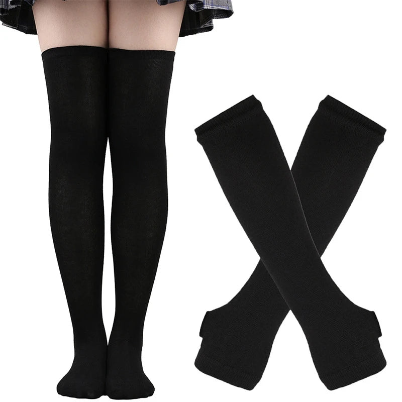 1 Set Women Girls Over Knee Long Stripe Thigh High Cotton Gothic Lolita Socks Arm Sleeve Gloves Sweet Cute Black Overknee Socks