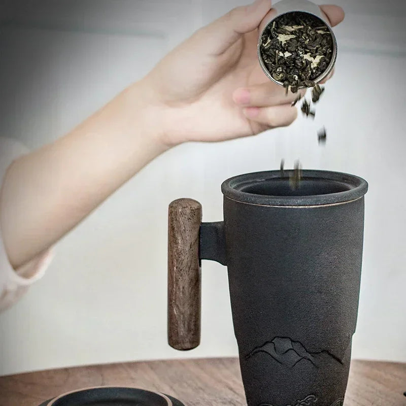 Luxury Retro Tea Cup Ceramic Mug Large Capacity Office Filter Black Water Cup with Cover Mugs Wooden Handle Cups Gift Ideas Box