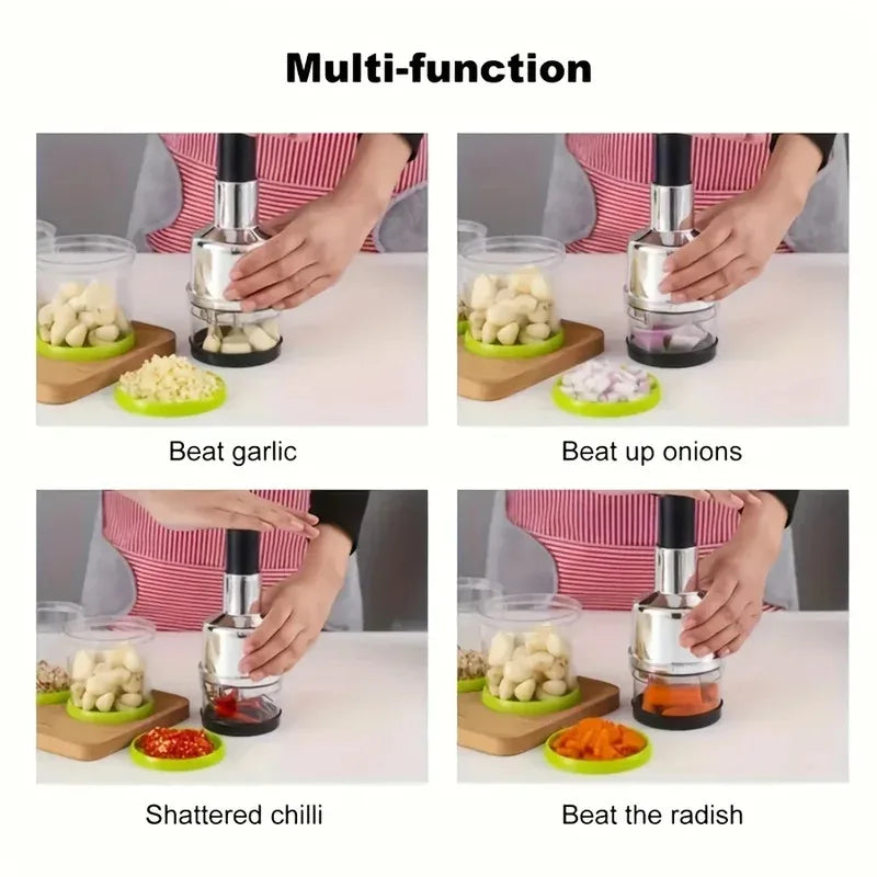 Kitchen Manual Tools Vertical Hand Press Garlic Cutter Chopper Onion Nuts Cutter Vegetable Food Chopper with Storage Container