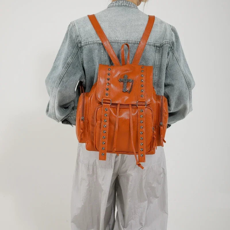Rivet Y2K Backpack Women Gothic Punk PU Leather Shoulder Bag Ladies Vintage Harajuku Backpacks College Large Capacity School Bag