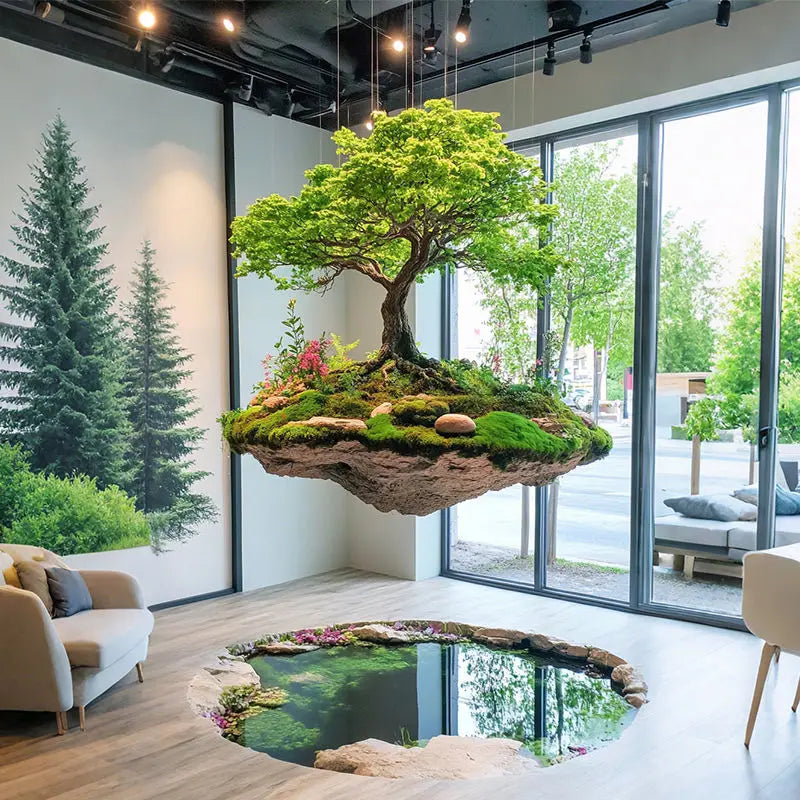 Dream floating island landscape simulation green plant rockery stone hanging moss plant landscaping commercial window creative