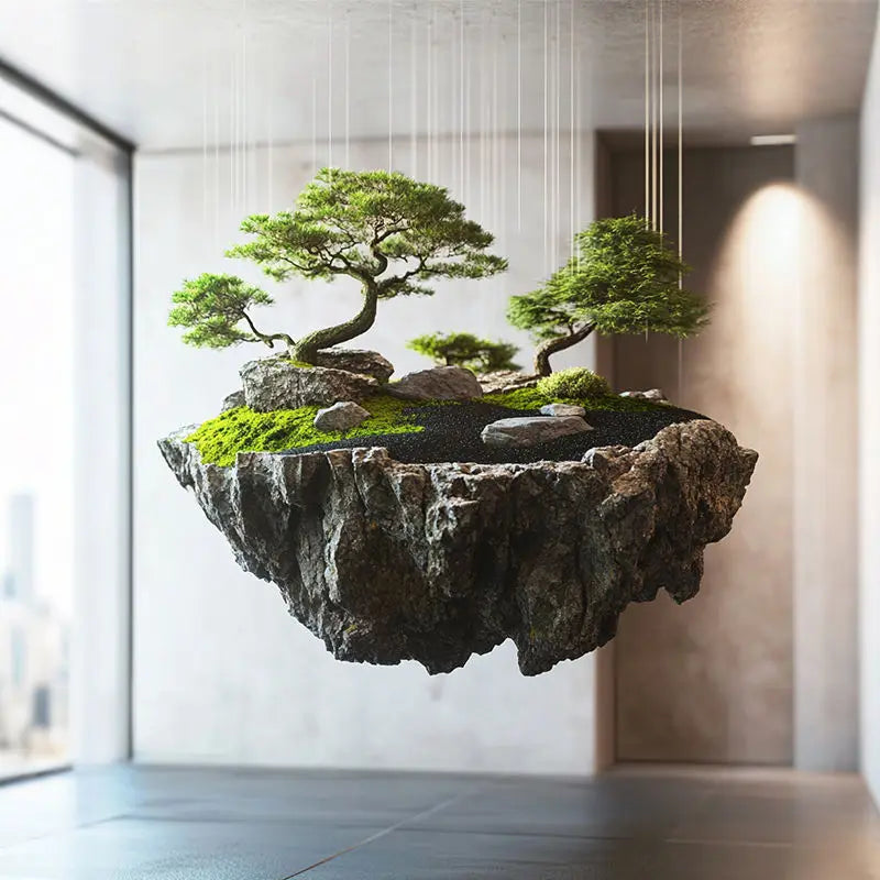Dream floating island landscape simulation green plant rockery stone hanging moss plant landscaping commercial window creative