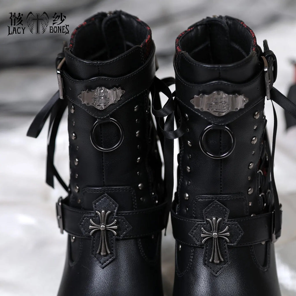 Punk Gothic Style Chunky Heel Ankle Boots For Women Black Leather With Red Sole Cross & Rivet Decor Aesthetic Lolita Footwear