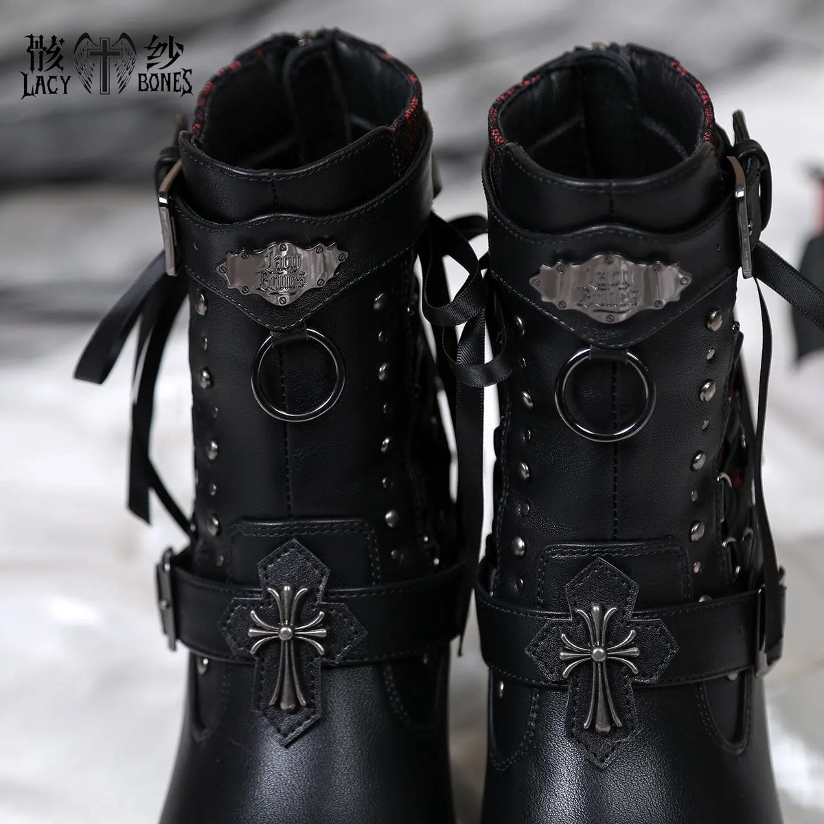 Punk Gothic Style Chunky Heel Ankle Boots For Women Black Leather With Red Sole Cross & Rivet Decor Aesthetic Lolita Footwear