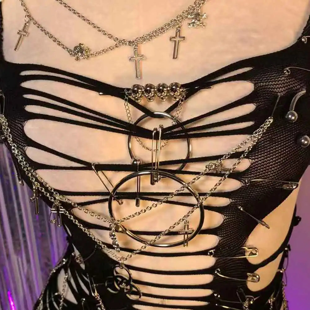 Women's Y2K Gothic Cyber Goth Cross Crop Top Emo Grunge Punk Style 90s Alternative E Girl Tank Top Sexy Cyberpunk Chain Clothing