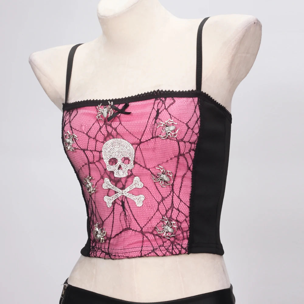 Pastel Pink Gothic Punk Rock Spider Halter Top Y2K Grunge Emo 90s Cyber Alternative E-Girl ALT Clothing Gothic Punk Rock Shirt