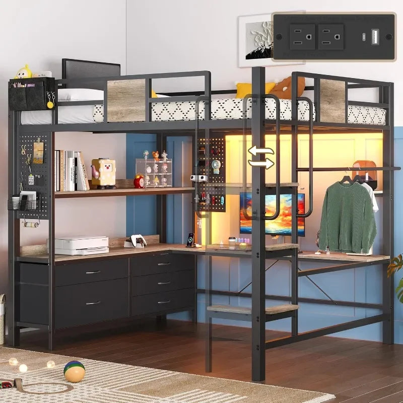 Dnxao Twin Loft Bed with Desk and 5 Storage Drawers,Loft Bed Twin Size with LED Lights and Charging Station Metal Bunk Bed Frame