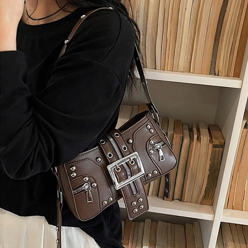 Shoulder Bag for Women Punk Style Purse PU Leather Rock Fashion Handbags with Rivet Small Trendy Armpit Purse Bolso Mujer сумка