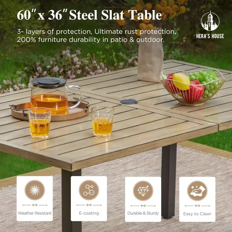 HERA'S HOUSE Patio Table and Chairs for 6, 7 Pieces Outdoor Deck Dining Sets, Wood-Like Rectangular Metal Table Set with Chairs