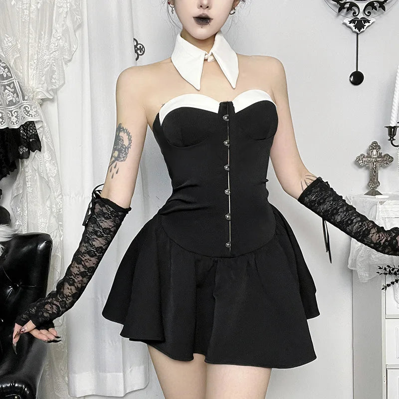 Goth Dark Alternative Partywear Mall Gothic Strapless Pleat A-line Dress Cyber Y2K Button Tie Collar Mini Dresses Cutecore Gown