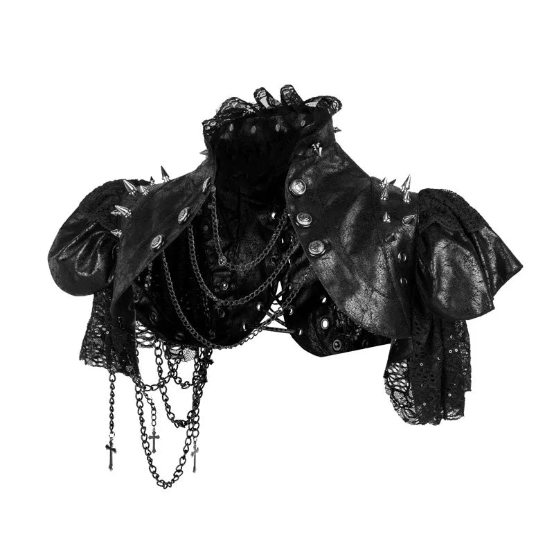 Red Leather & Black Lace Rivets Chains y2k Vintage Jacket Steampunk Costume Women Gothic Clothing Rock Rave Coat Cool Streetwear