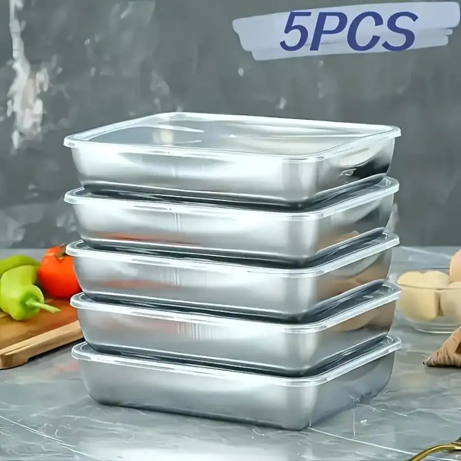 5-Piece Stainless Steel Food Storage Container Set With Clear Lids | Large Square Containers For Storing Meat, Fruits, And Vegetables - Ideal For Camping, Outdoor, And Home Use; Stackable Kitchen Storage Boxes.