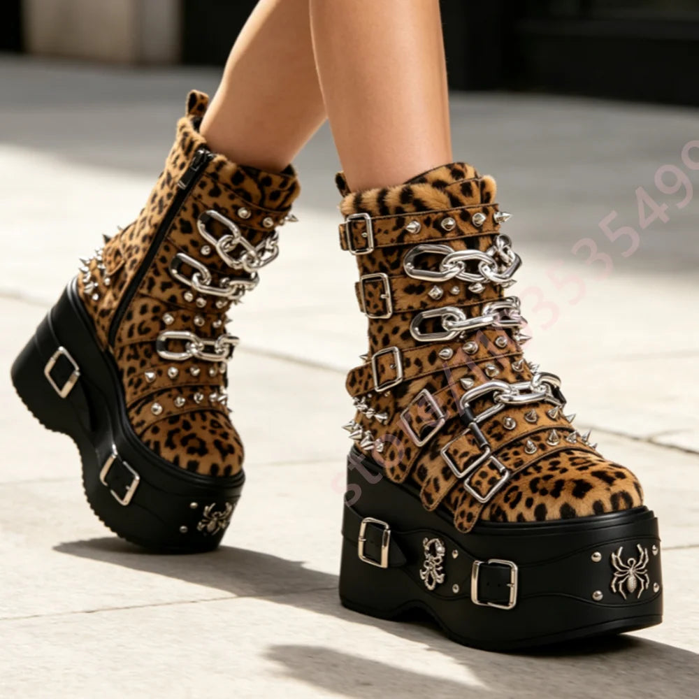 Women Leopard Platform Ankle Boots Spikes Chain Multi‑Buckle Spider Scorpion Metal Gothic Punk Y2K Street Fashion Wedge Boots