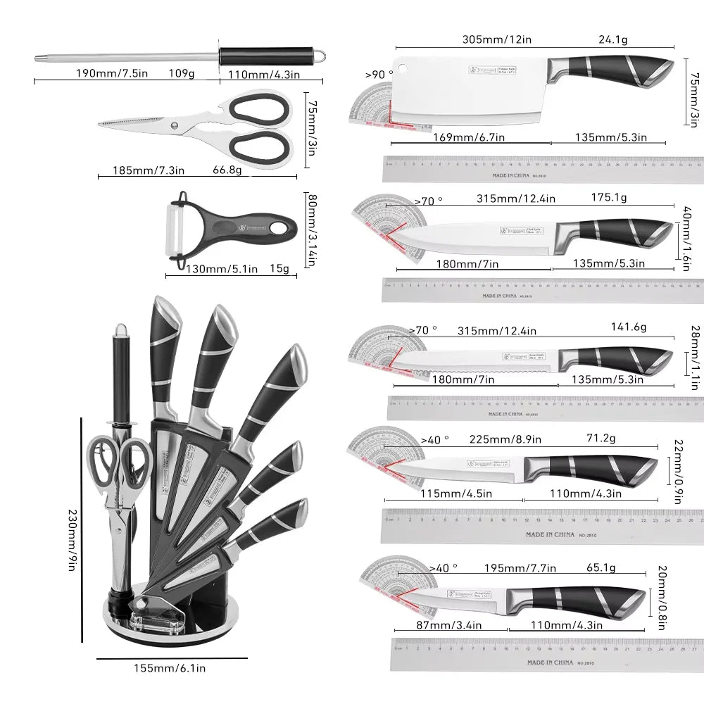 ZENG Stainless Steel Kitchen Knife Set Sharp Non-Stick Coated Chef Knives with Sharpener for Cutting Slicing Dicing Chopping