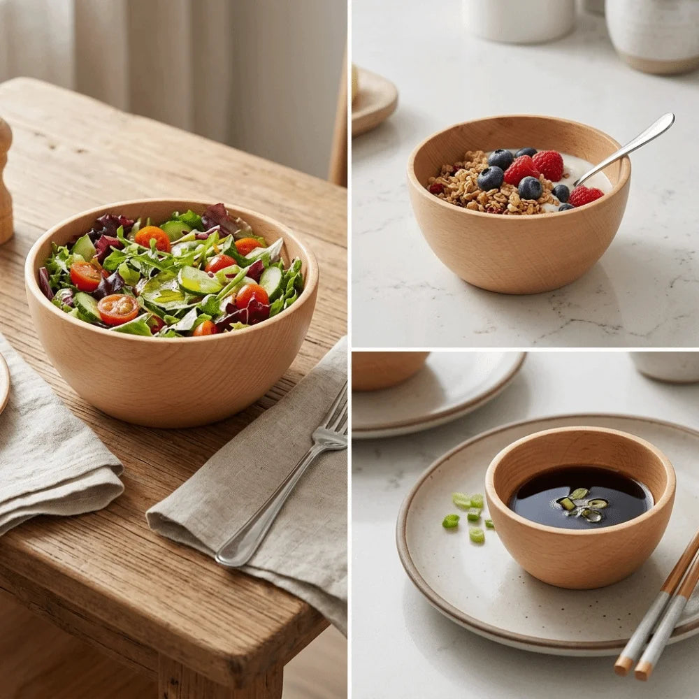 Multi Purpose Wooden Rice Bowl Whole Carved Smooth Soup Bowl Round edge Thickened Wood Tableware Soup Meal