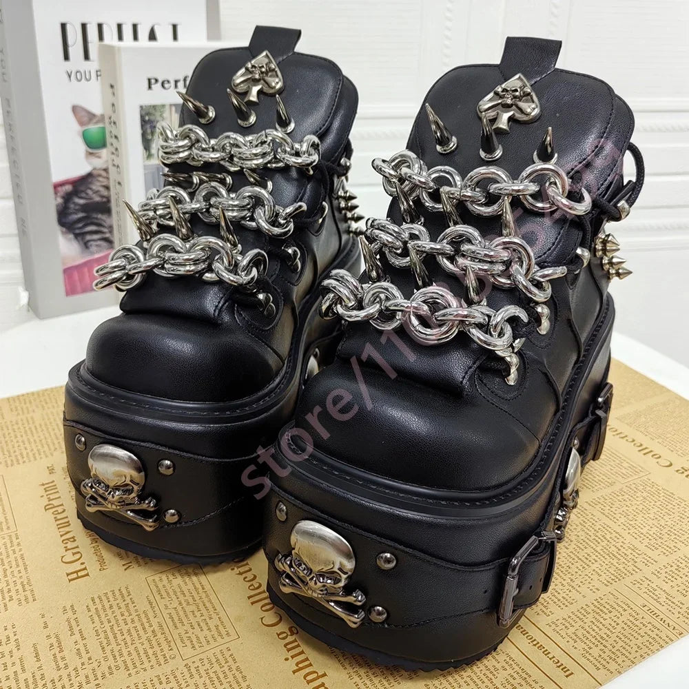 Black Cyberpunk Motorcycle Boots with Chain Rivet Round Toe Street Rock Belt Buckle Short Fashion Party Casual Boot for Women