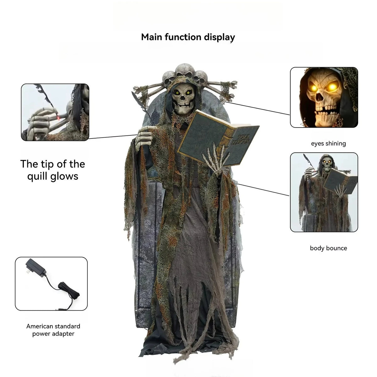 Halloween Animatronics Decoration Large Mechanical Soul Reaper Skeleton Light Up Ornament Haunted House Scene Layout