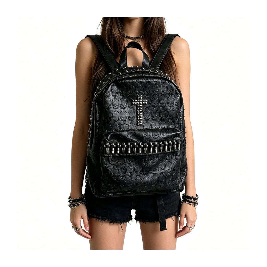 Punk Goth Rivet Skull Pattern Personality Backpacks Large Capacity Commuter Rock Backpack Y2K Black Leather Backpack