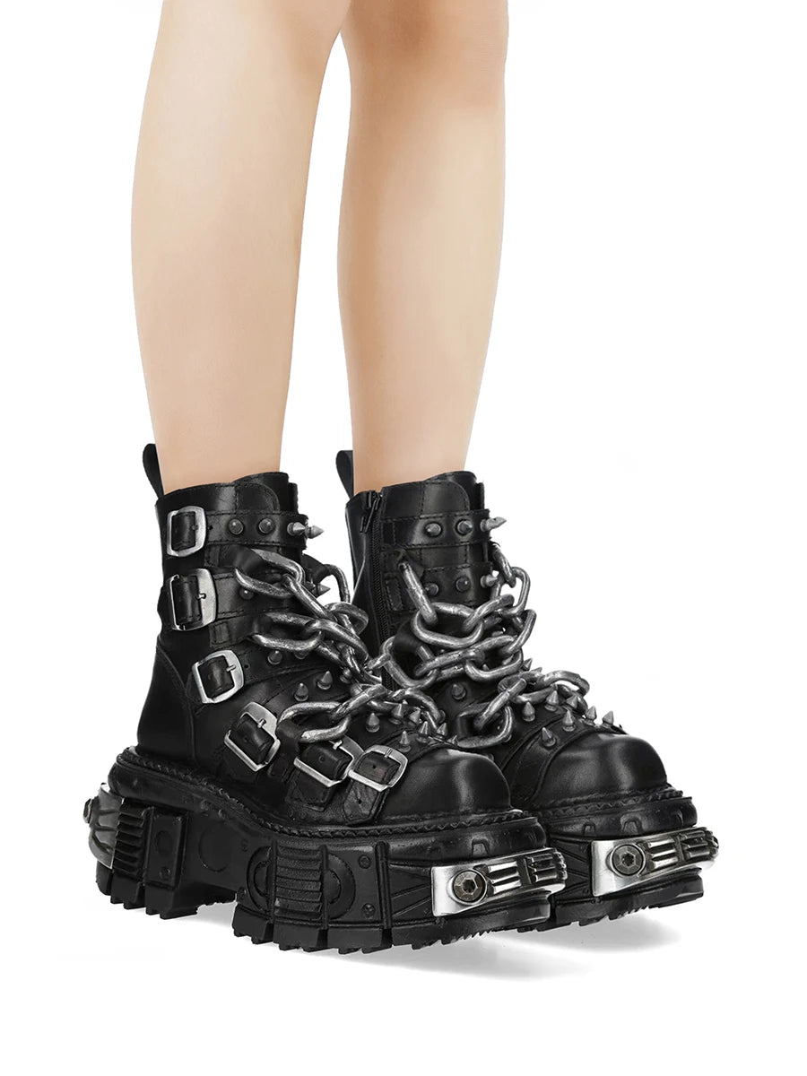 Gothic Platform Ankle Boots Spanish Rock Punk Chunky Heel Motorcycle Boots with Chains Streetwear Combat Boots for Men