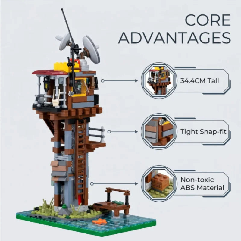 Post-Apocalyptic Watchtower Building Blocks Set, Abandoned Lighthouse Model with Satellite Dish, DIY Assembly Bricks, Collectibl