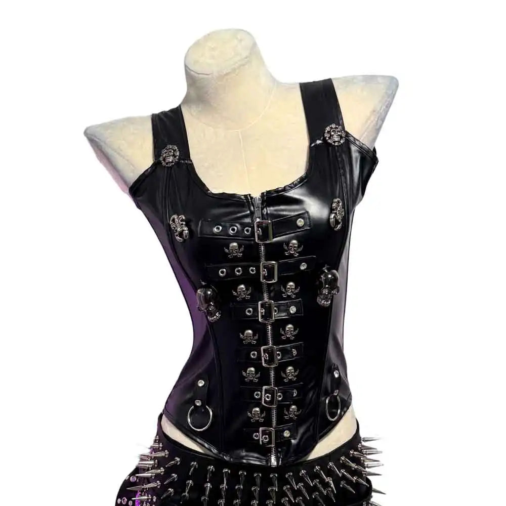 Y2K Gothic Emo Punk Top with Skull Grunge PU Leather Goth Tank Clothing ALT Rave Festival Vkei Cybergoth for Women