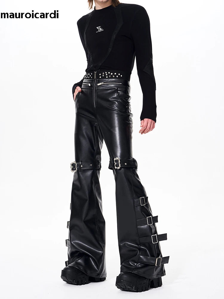 Mauroicardi Spring Autumn Cool Handsome Long Black Pu Leather Flare Pants for Men Rivet Luxury Designer Alternative Emo Clothes