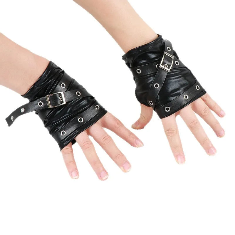 New Half Fingered Gloves for Women Gothic Black Fingerless Short Hand  Lacquer Leather Metal Buckle Wristband Dark Punk Sleeves