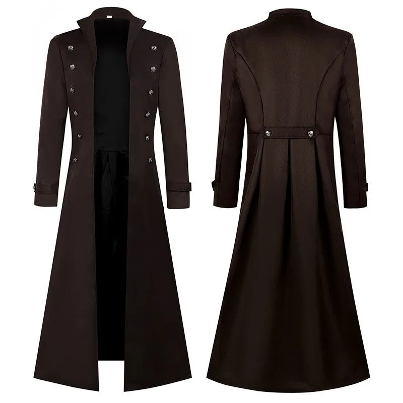 2026 New Steampunk Red Men's Vintage Long Jacket, Black Gothic Trench Coat, Blue Stage Performance Overcoat.