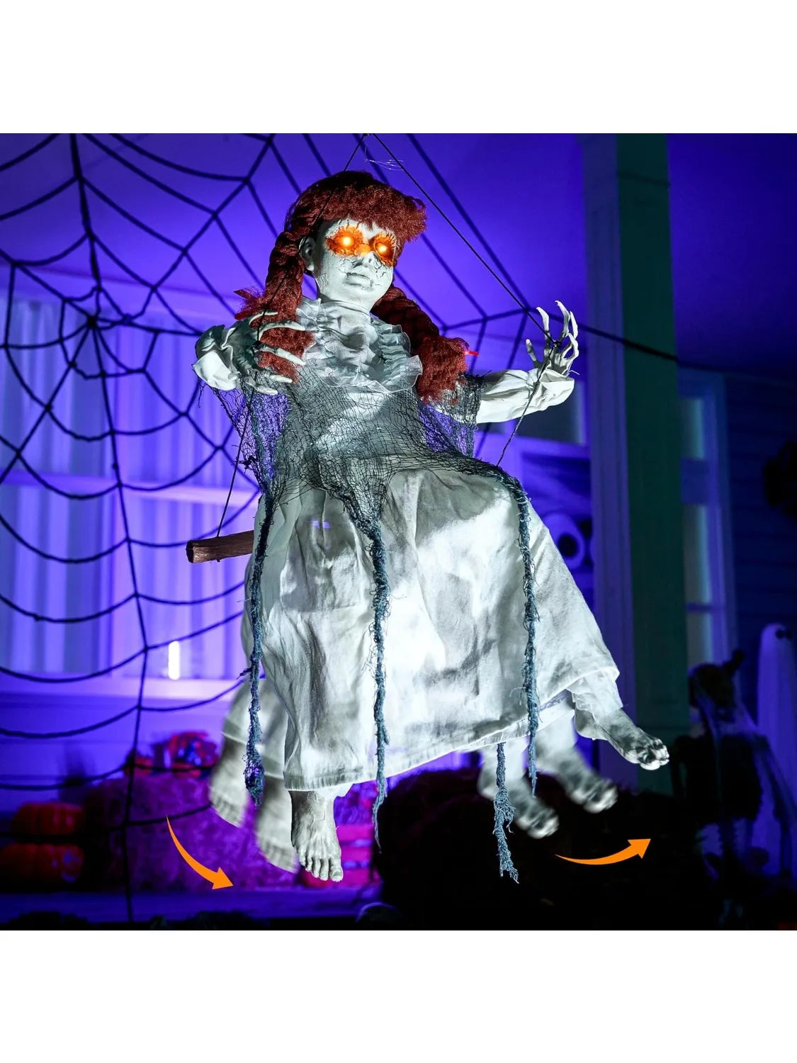 Scary Halloween Decorations Outdoor Halloween Hanging Scary Swing Girl Decorations Winging White Doll with Creepy Sound and Light Up Eyes Sound, Animatronics Hanging Decors Activated