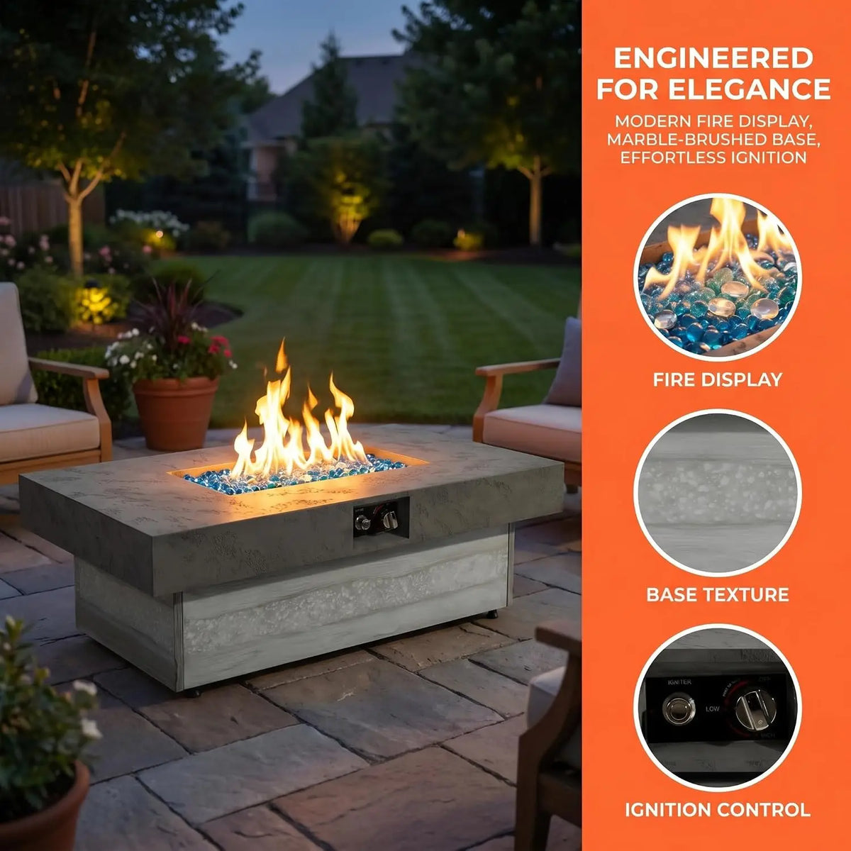 48x24 Adjustable Propane Fire Pit Table 50000 BTU Cement Grey, Custom