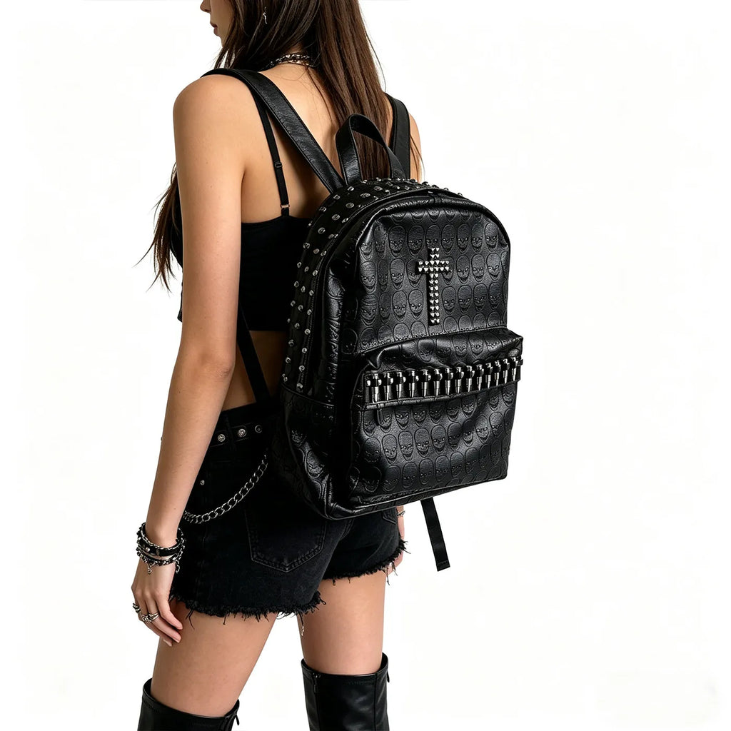 Punk Goth Rivet Skull Pattern Personality Backpacks Large Capacity Commuter Rock Backpack Y2K Black Leather Backpack