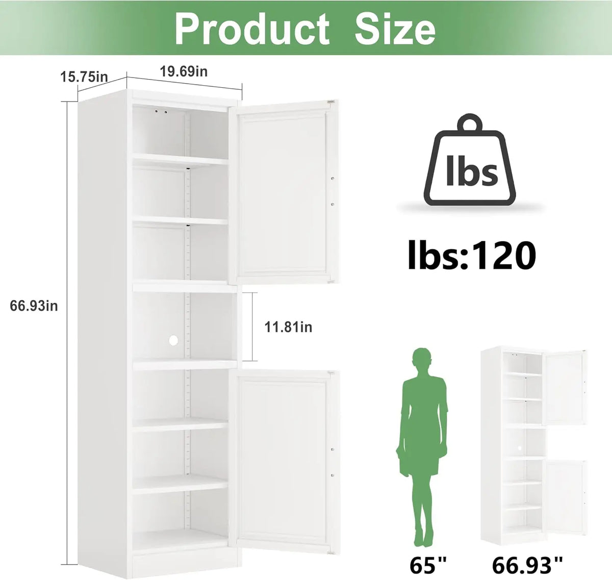 Tall Narrow Storage Cabinet 66.93' H Tall Bathroom Cabinet Metal Pantry Cabinets, 4 Adjustable Shelves for Kitchen, Home Office,