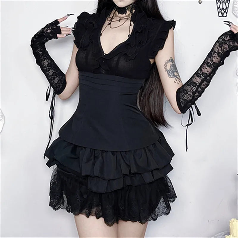 Goth Dark Women Fashion Summer Solid V-neck Tanks Top Mall Gothic Slim Sleeveless Tops Kawaii Ruffles Lace-up Vests Teachwear