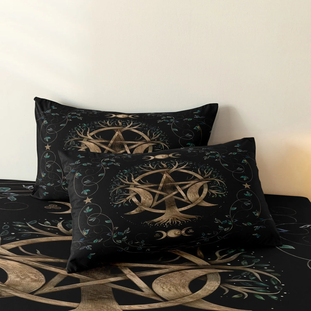 3pcs Tree Of Life, Pentagram, Triple Moon Phase,Green Vines And Leaves Digital Print Bedding Duvet Cover Set