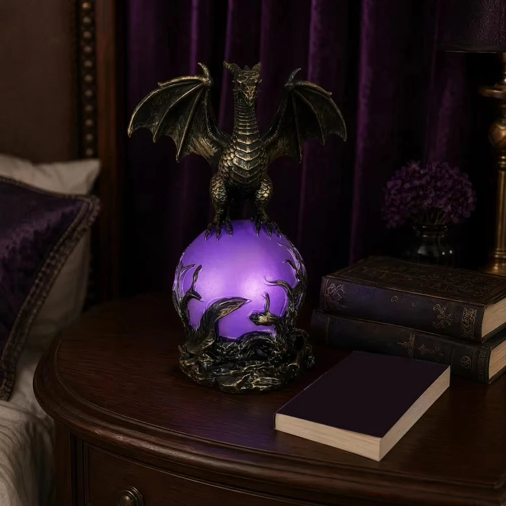 USB Powered Dragon Orb Mood Lamp, Dark Fantasy Resin Dragon Statue Figurine, Gothic Desktop Decor Gift for Men