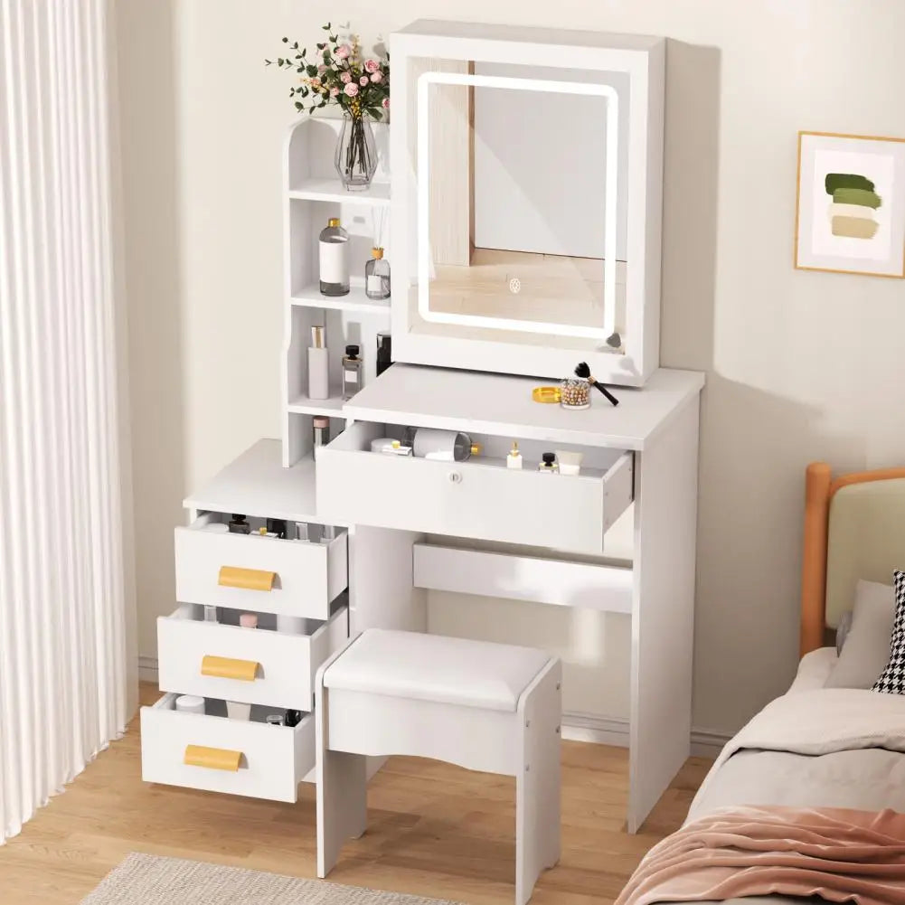 Vanity Desk with Sliding Mirror and Lights, Bedroom Dressing Table, Makeup Table with Drawers & Shelves, Hidden Storage Space