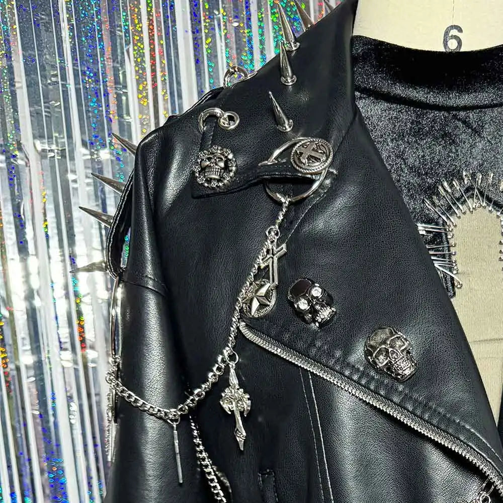 90s Gothic Y2K Vegan Leather Skull Studded Jacket Coat E-Girls DIY Punk Rock Chain Goth Hand Made Grunge Trendy Harajuku Eco Emo