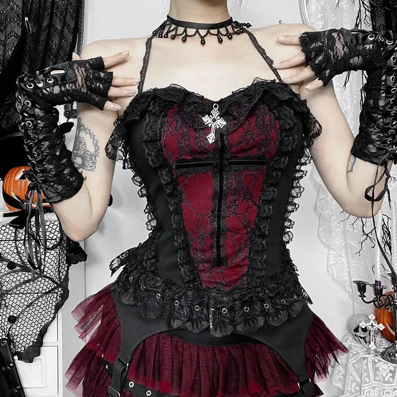 AltGoth Gothic Hotsweet Camisole Women Vintage Aesthetic Y2k E-girl Hipster Lace Patchwork Halter Crop Tank Tops Cosplay Clothes