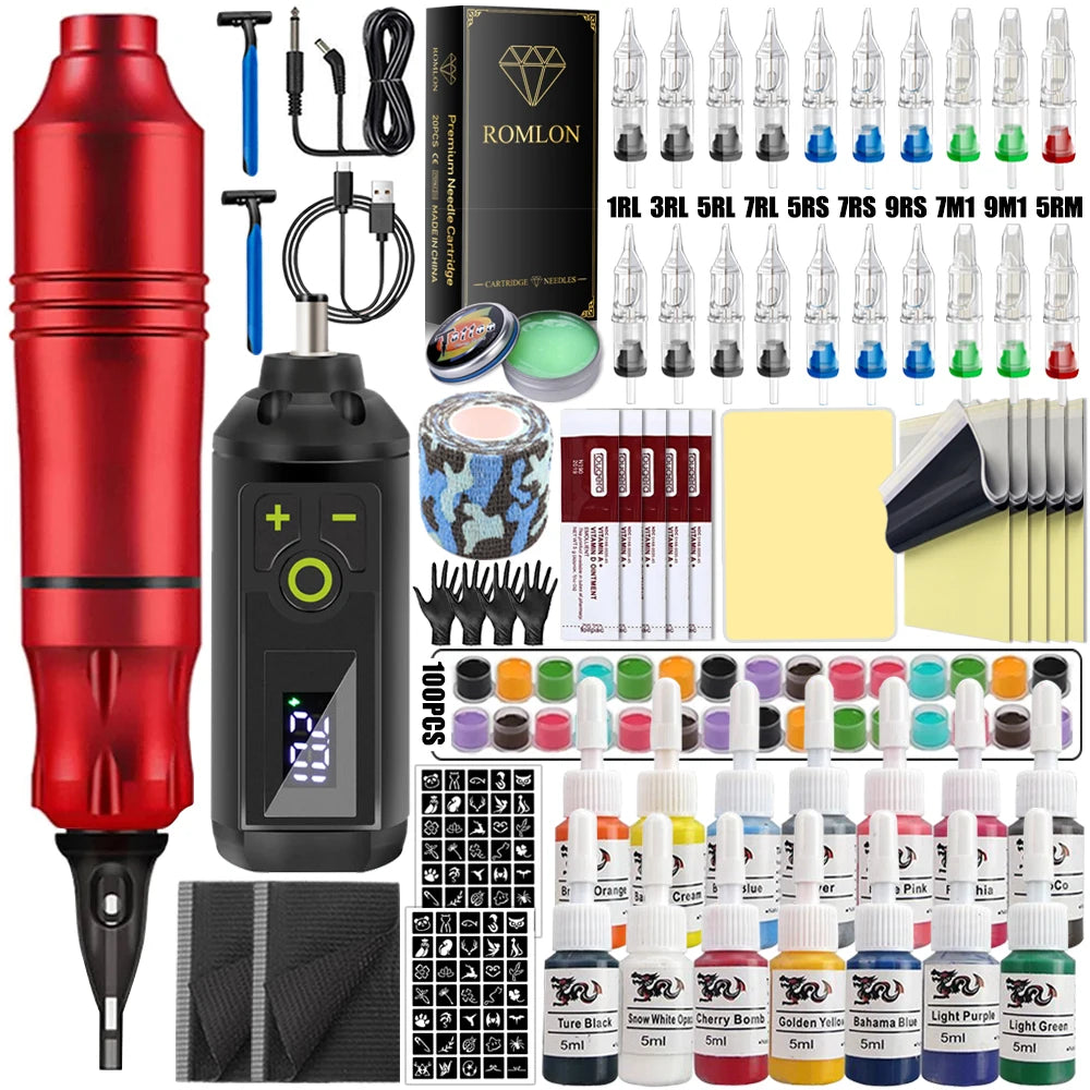 Wireless Tattoo Machine Kit Rotary Tattoo Pen Machine Set with Wireless Power Supply Needles Inks for Tattoo Artist Beginner