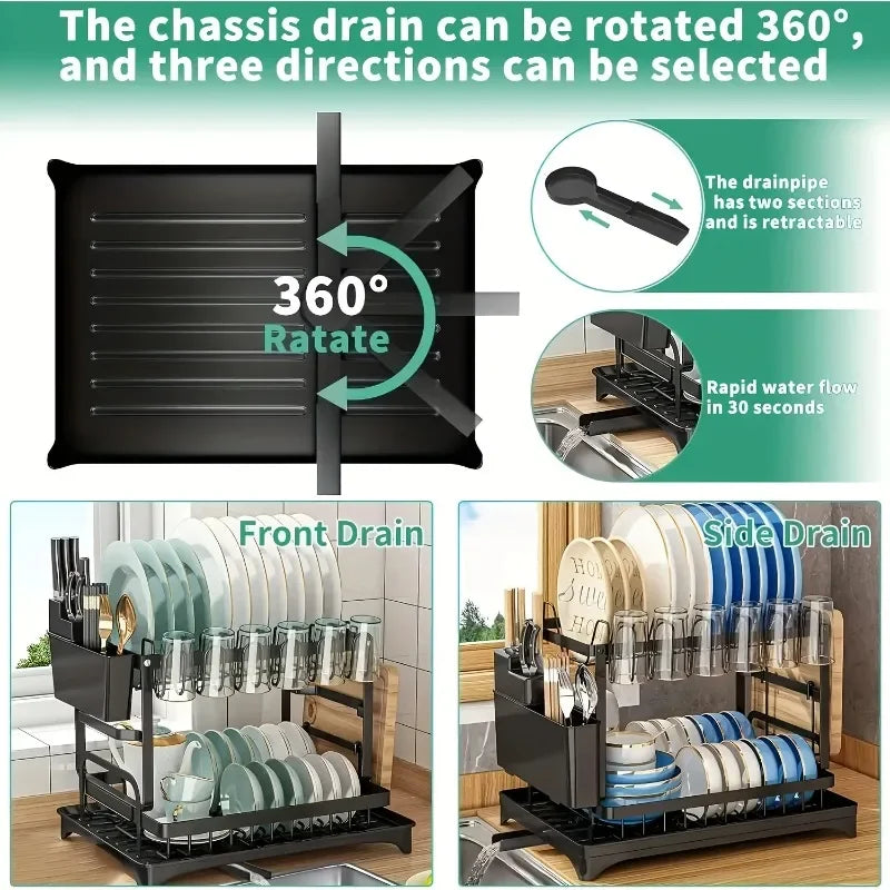 2-Tier Detachable Dish Drying Rack Carbon Steel Multifunctional Countertop Kitchen Organizer with Drainboard Utensil Holder