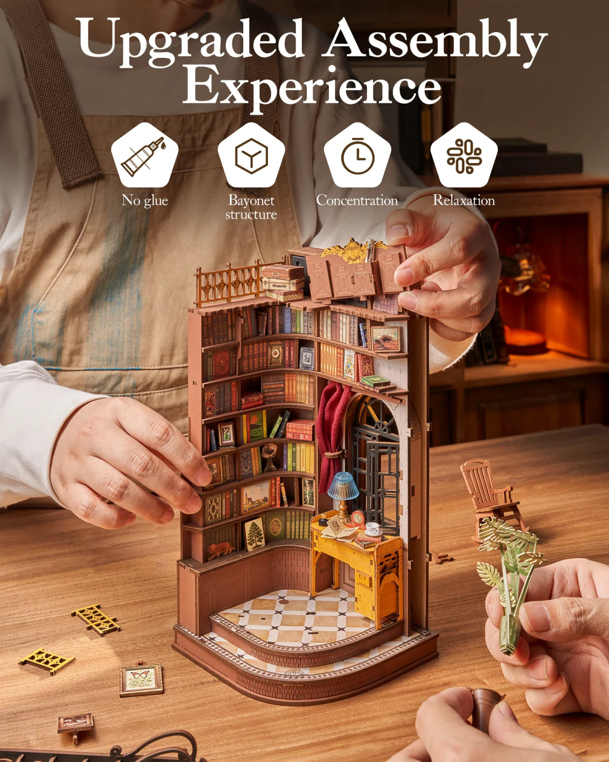 Rolife Wooden 3D Puzzle Silent Corner Study DIY Book Nook Kit Wood Bookends Model Building Kit with LED Light for Bookshelf Decor Gift for Book Lover Adult