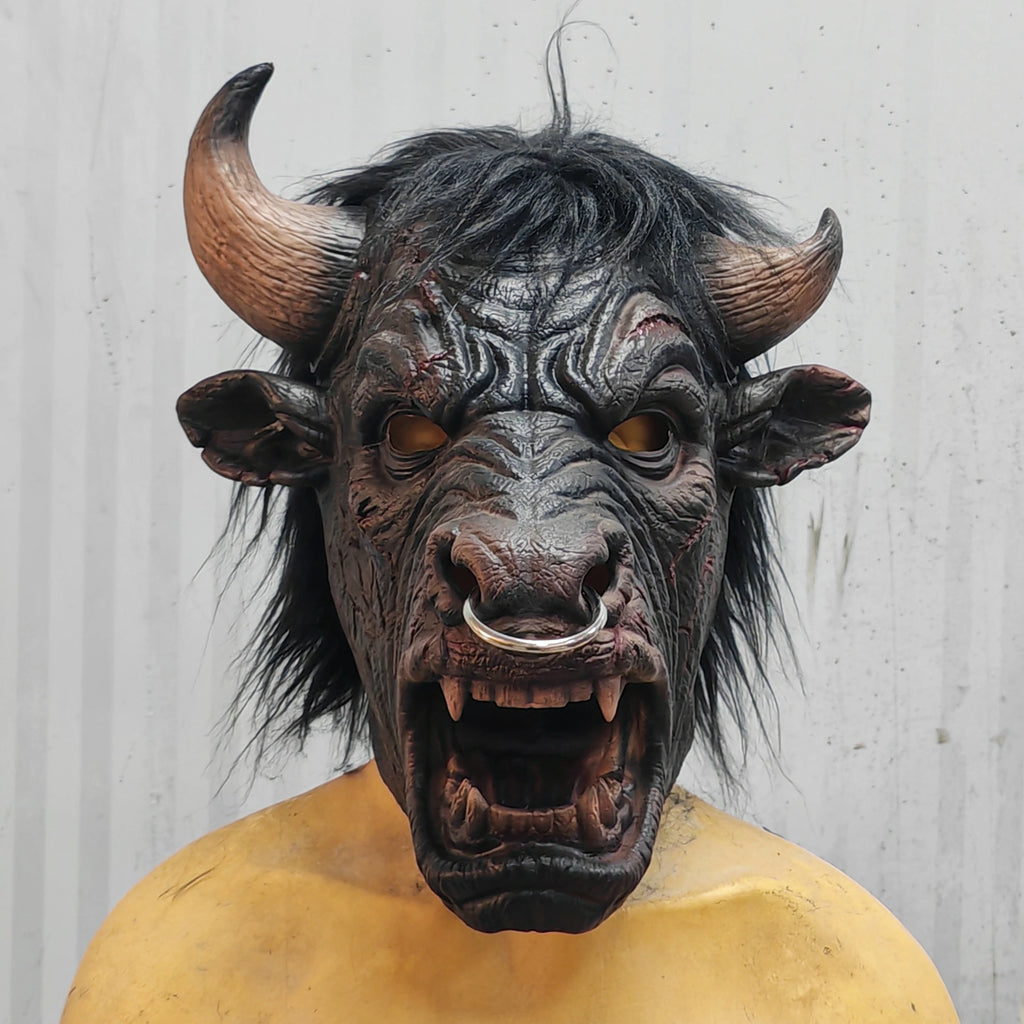 Scary Bull Mask with Horns Nose Ring Fangs Black Hair for Halloween Costume Cosplay Party Animal Headgear