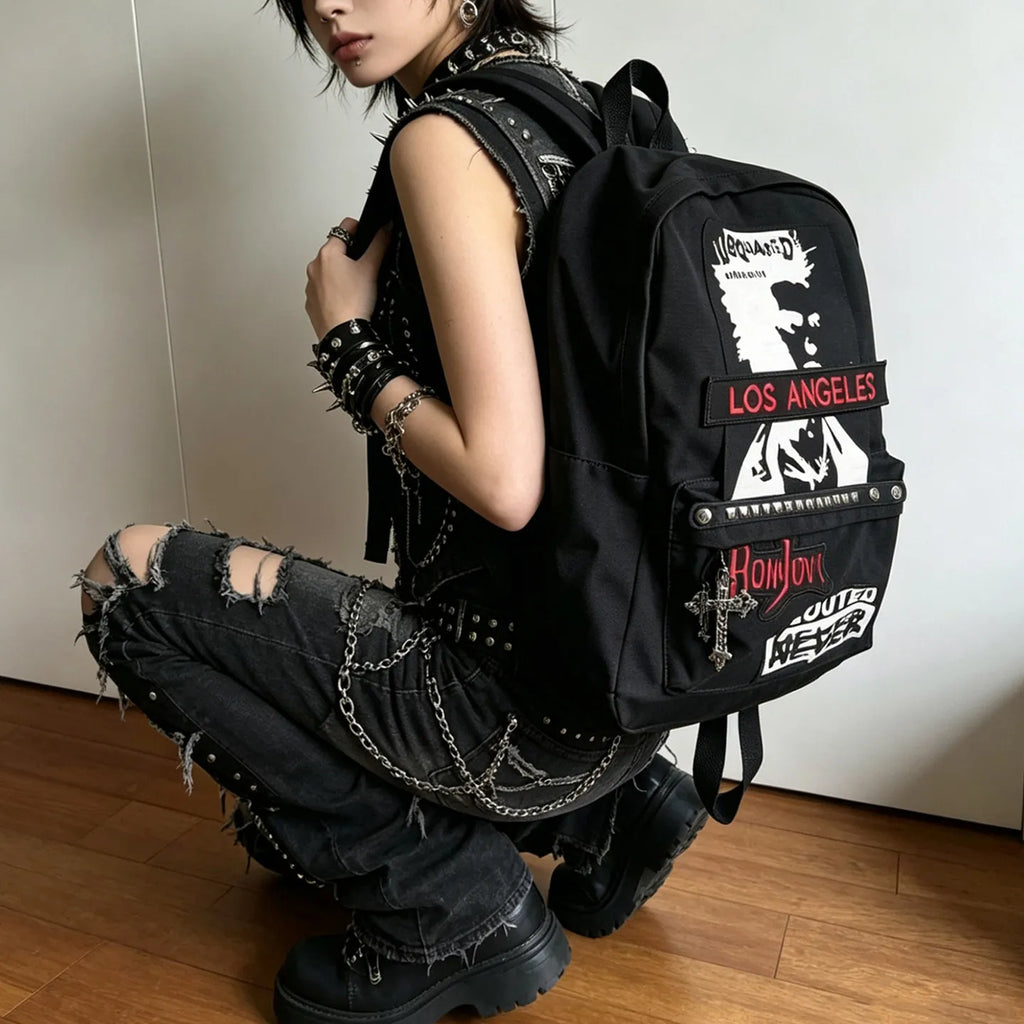Goth Backpack Rock Punk Large Capacity Backpack Black High Street American School Bag
