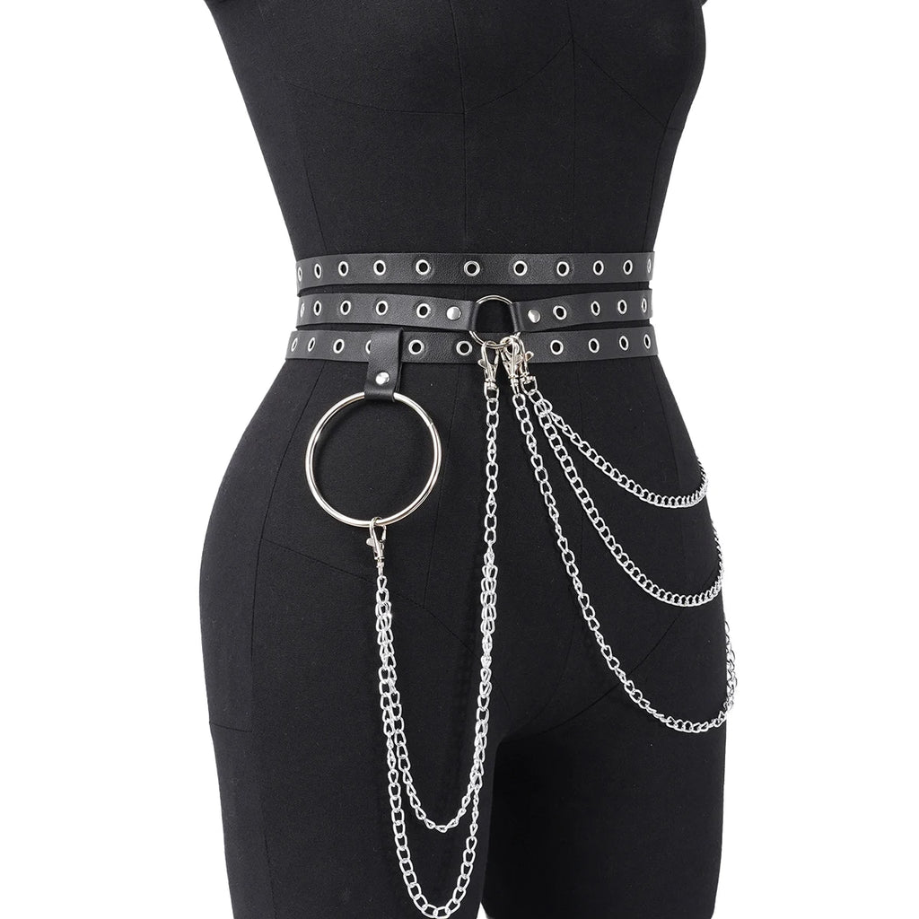 Punk Gothic Adjustable Multi‑layer PU Leather Waist‑leg Harness Belt with Chain Decor for Women, Street‑style Body Chain Accesso