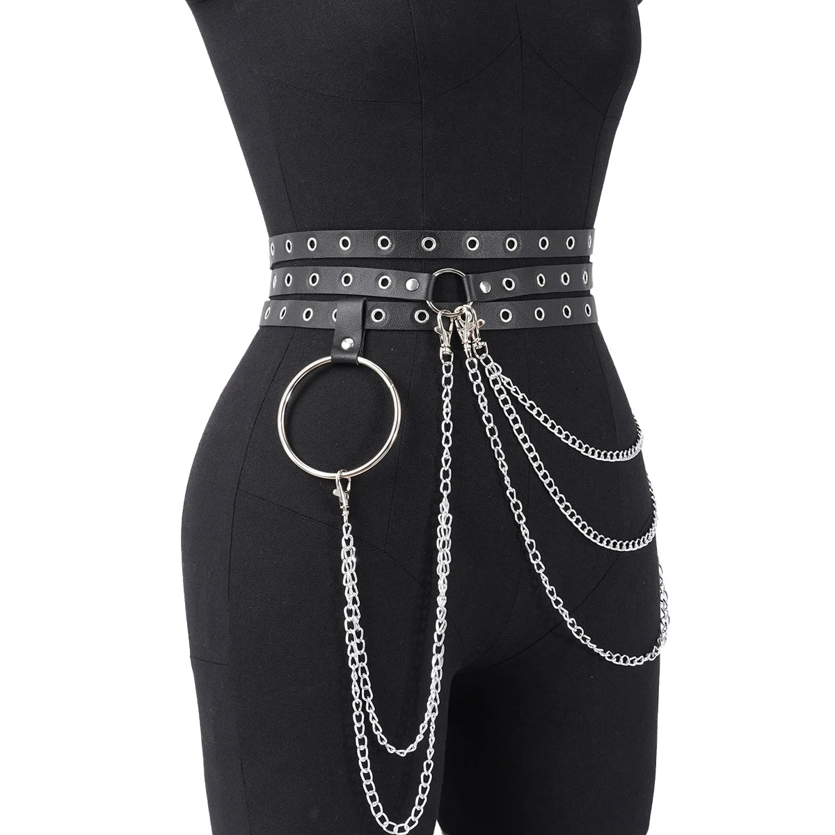 Punk Gothic Adjustable Multi‑layer PU Leather Waist‑leg Harness Belt with Chain Decor for Women, Street‑style Body Chain Accesso