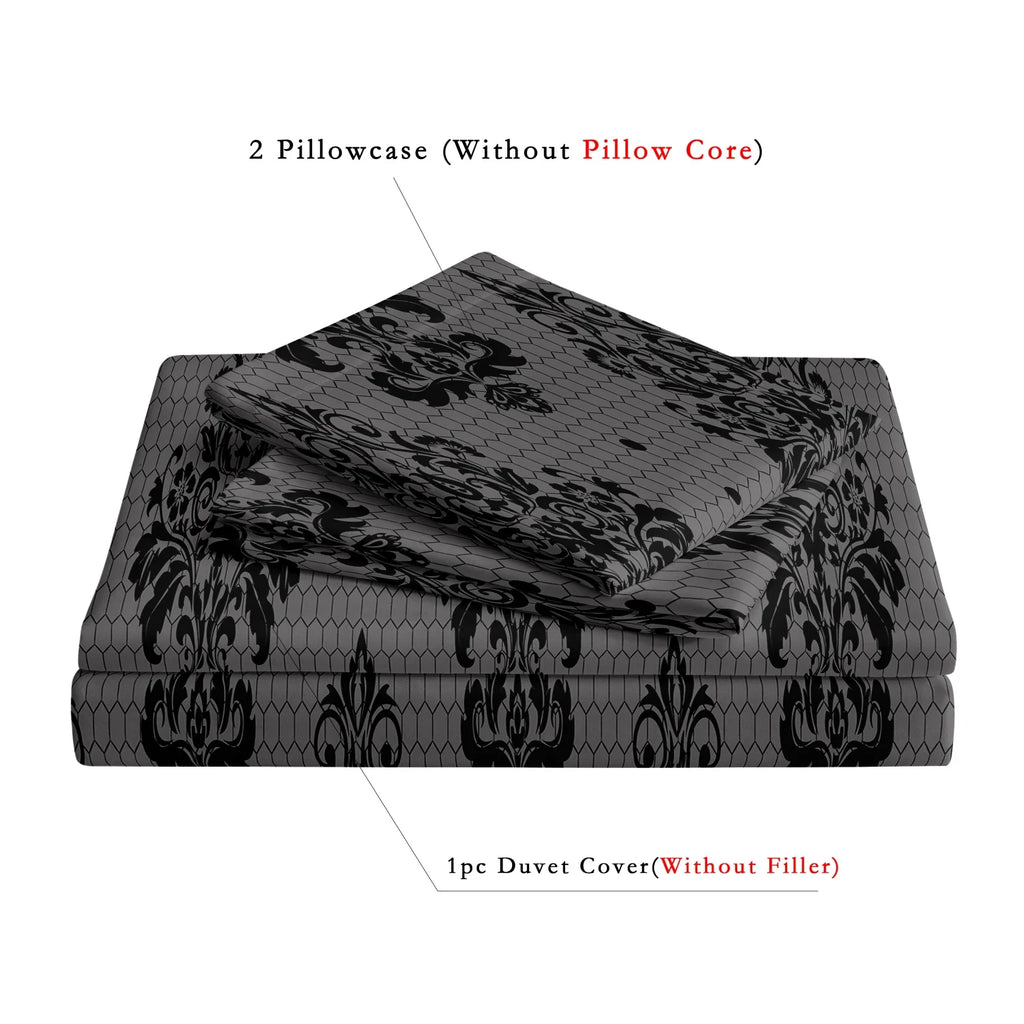 3pcs Gray Background Black Damascus Pattern Duvet Cover (Includes 1 Duvet Cover & 2 Pillowcases) Black Flower Honeycomb Pattern