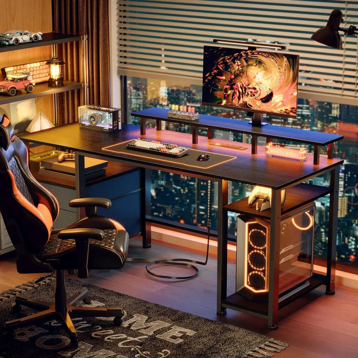 61' Gaming Desk with Outlets & LED, Large Computer Desk, Black | AC Outlets & USB, Ergonomic Monitor Stand, Drawer & File Cabine