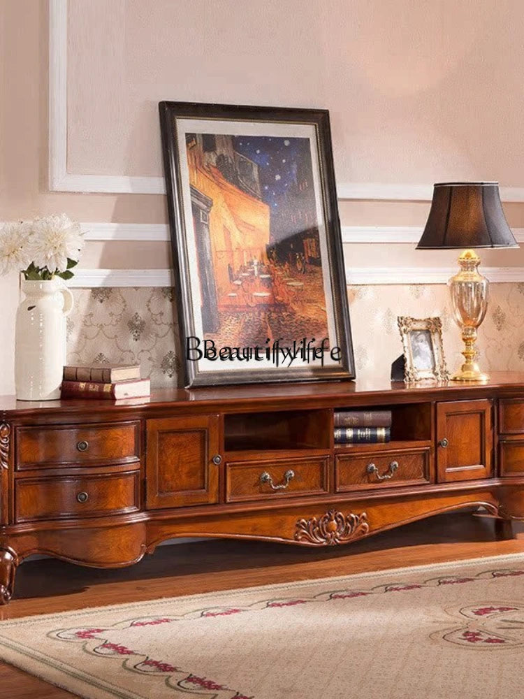 *American country solid wood, living room glass door European carved TV cabinet